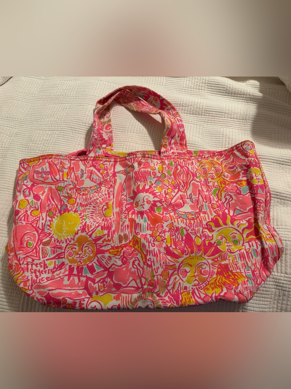 Lilly Pulitzer canvas tote.  Bright colors, tiki hut